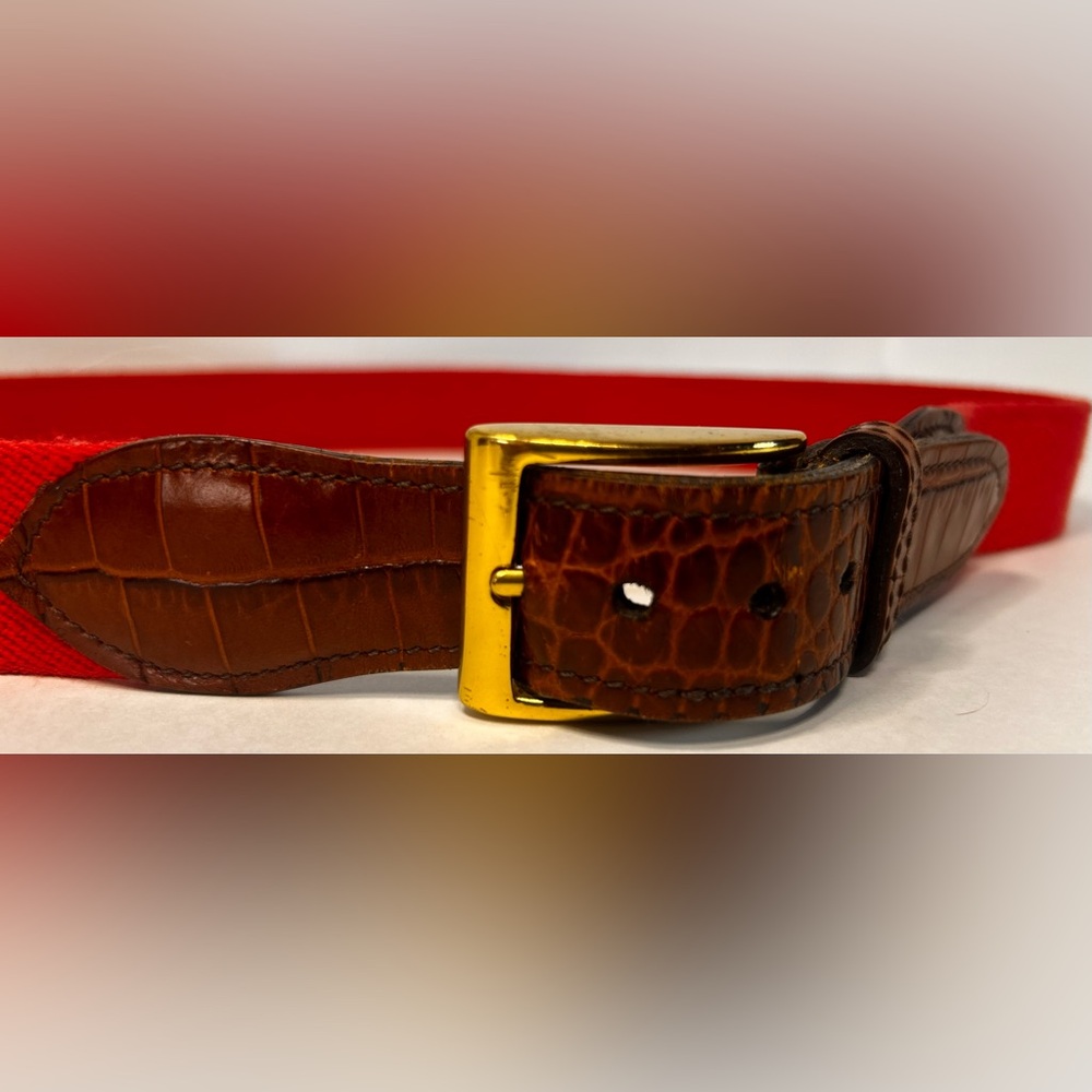 Belt. Red & Brown Leather Elastic Belt. 36/90 Solid Brass Buckle